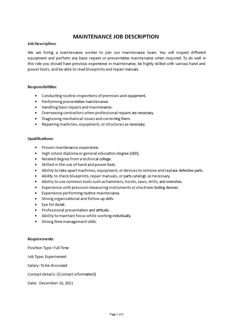maintenance job description