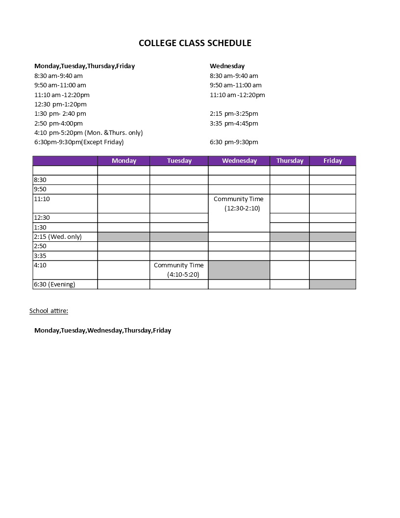 college schedule in ms word