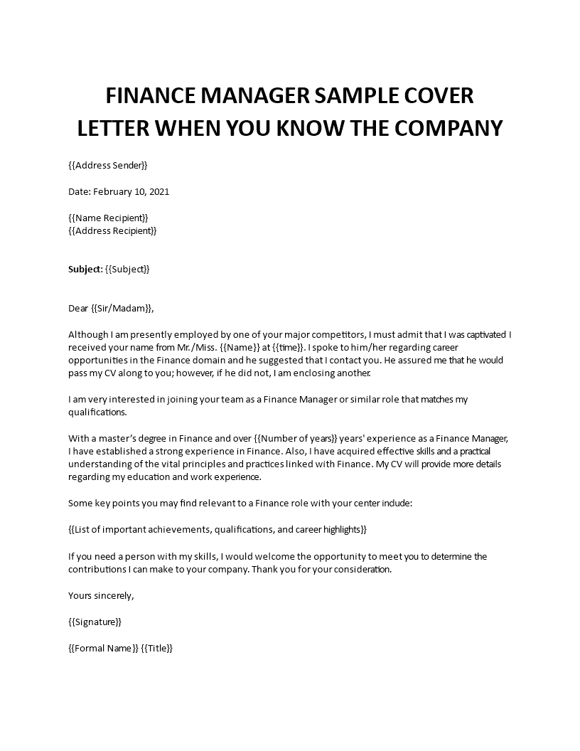 finance manager sample cover letter