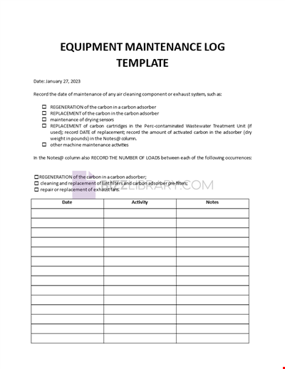 Equipment Maintenance Log Template