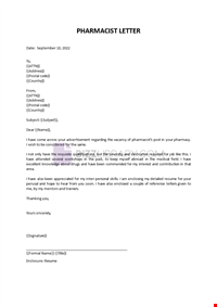 Sample Pharmacist Cover Letter