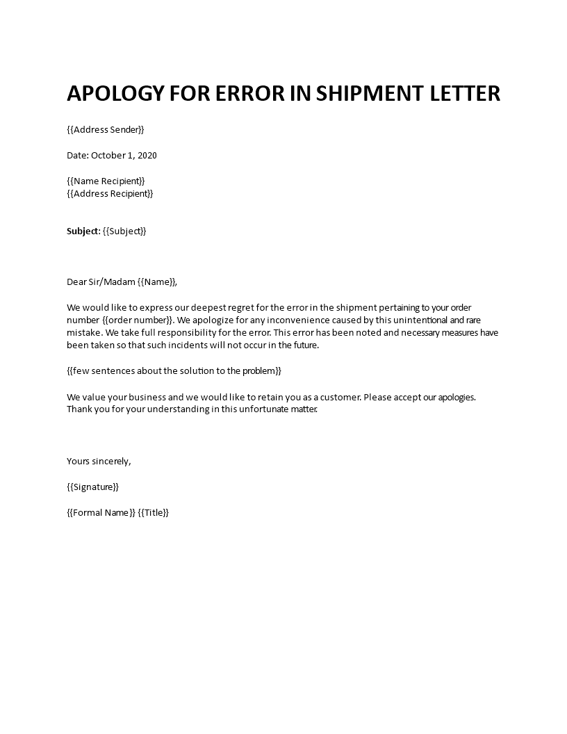 apology for error in shipment letter template