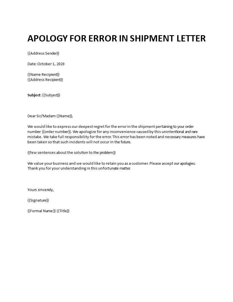 apology for error in shipment letter Main Image apology for error in shipment letter template