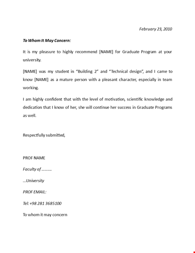 Highly Recommended Teacher Recommendation Letter Template for Graduate Students