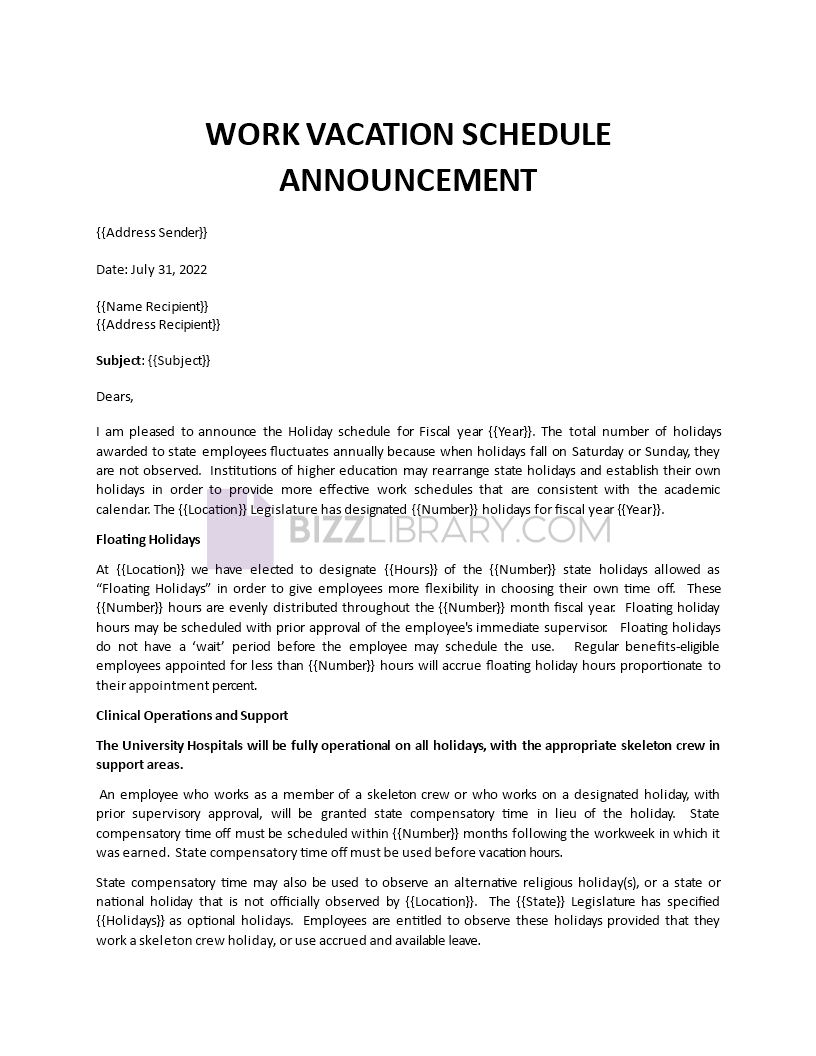 vacation schedule announcement Main Image vacation schedule announcement