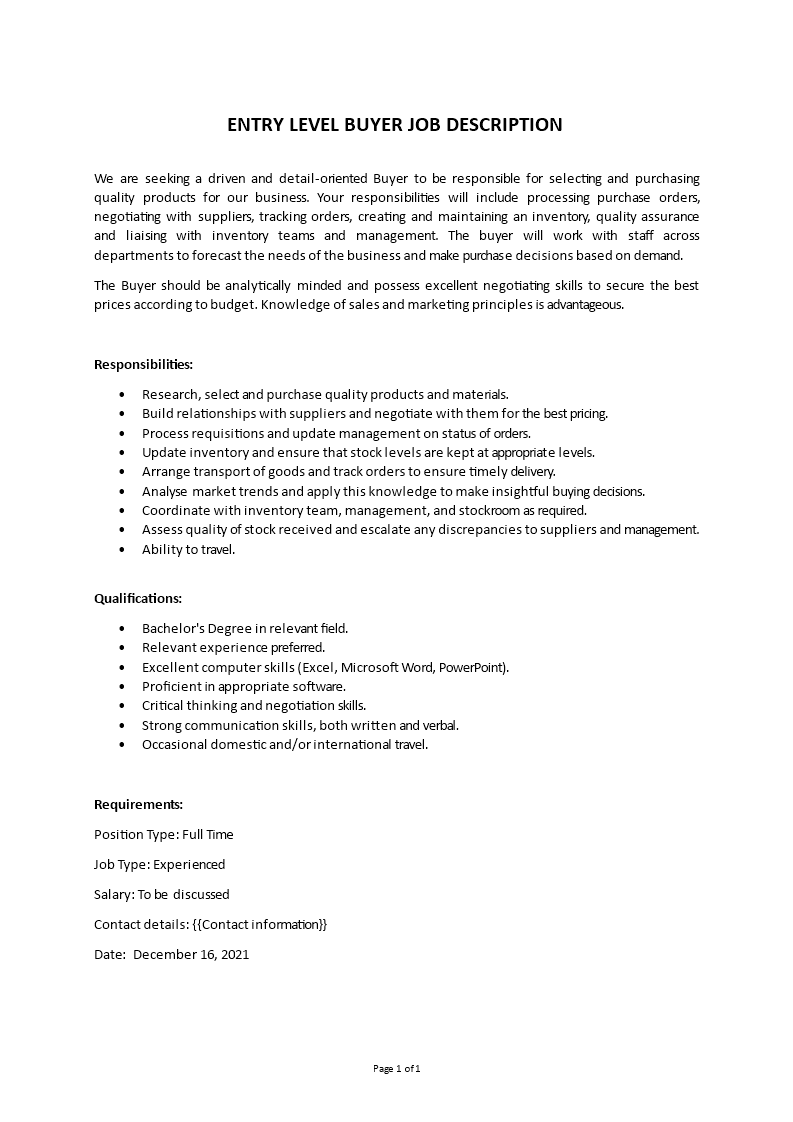 procurement starter job description Main Image procurement starter job description template