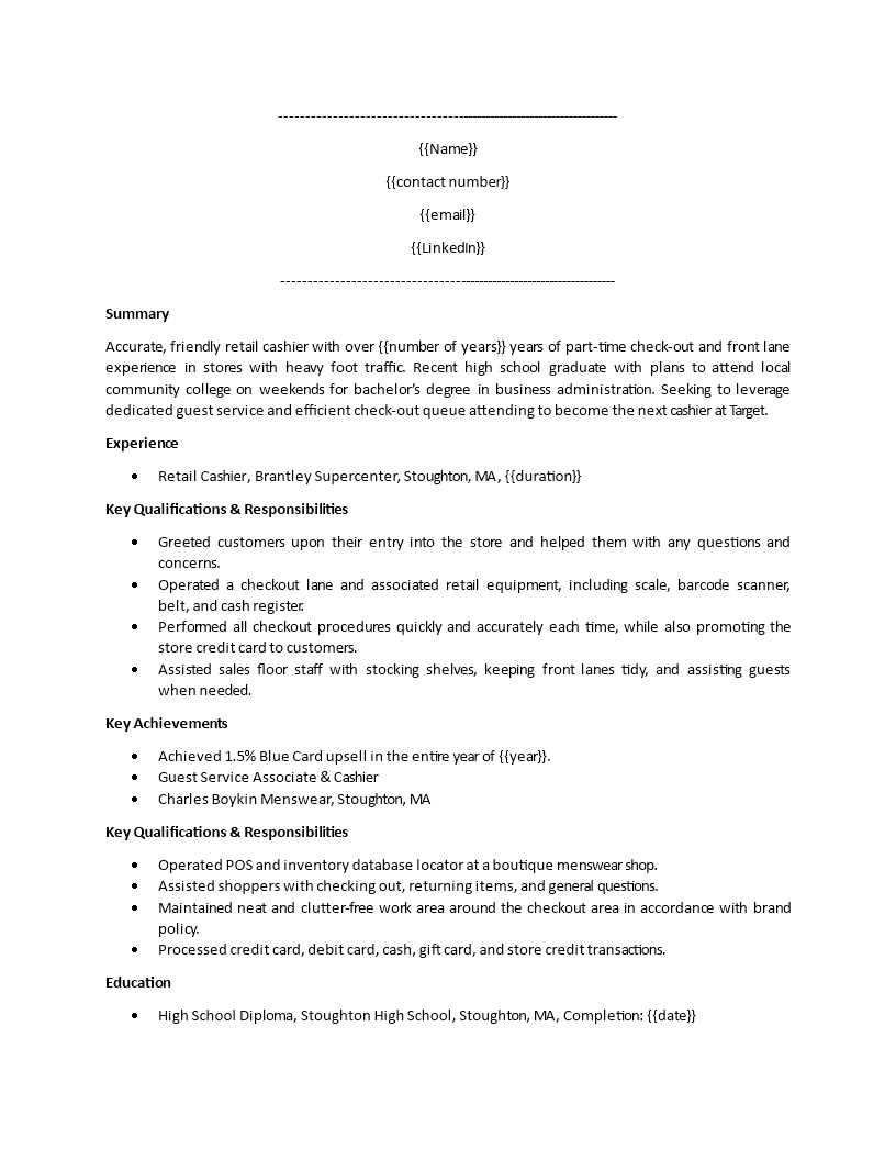 cashier resume
