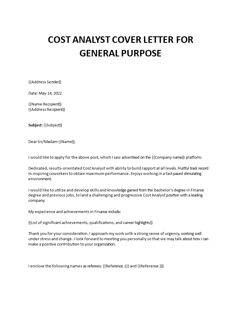 cost analyst application letter template