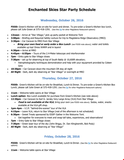 Star Party Schedule