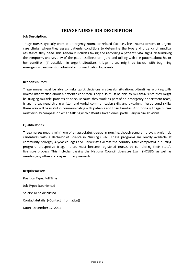 triage nurse job description Main Image triage nurse job description