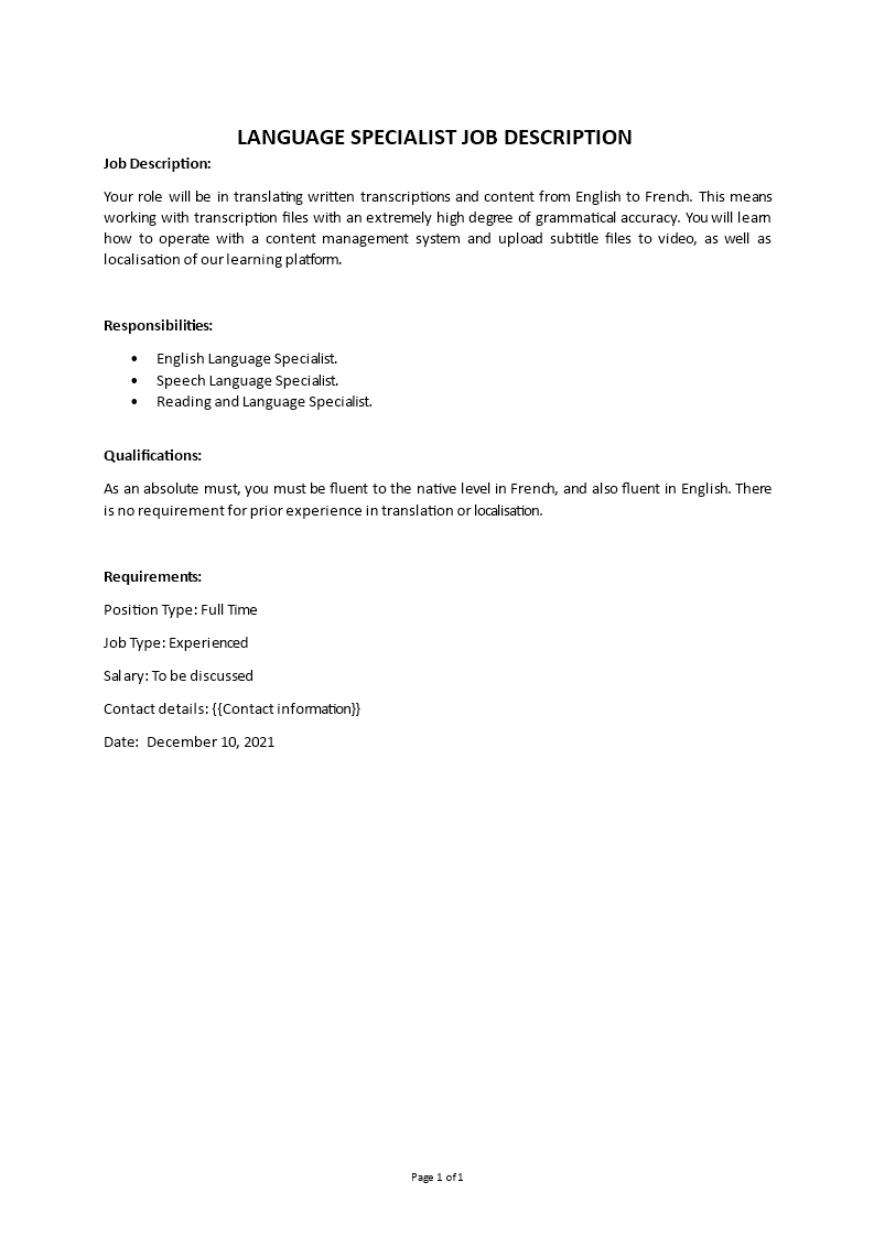 language specialist job description Main Image language specialist job description