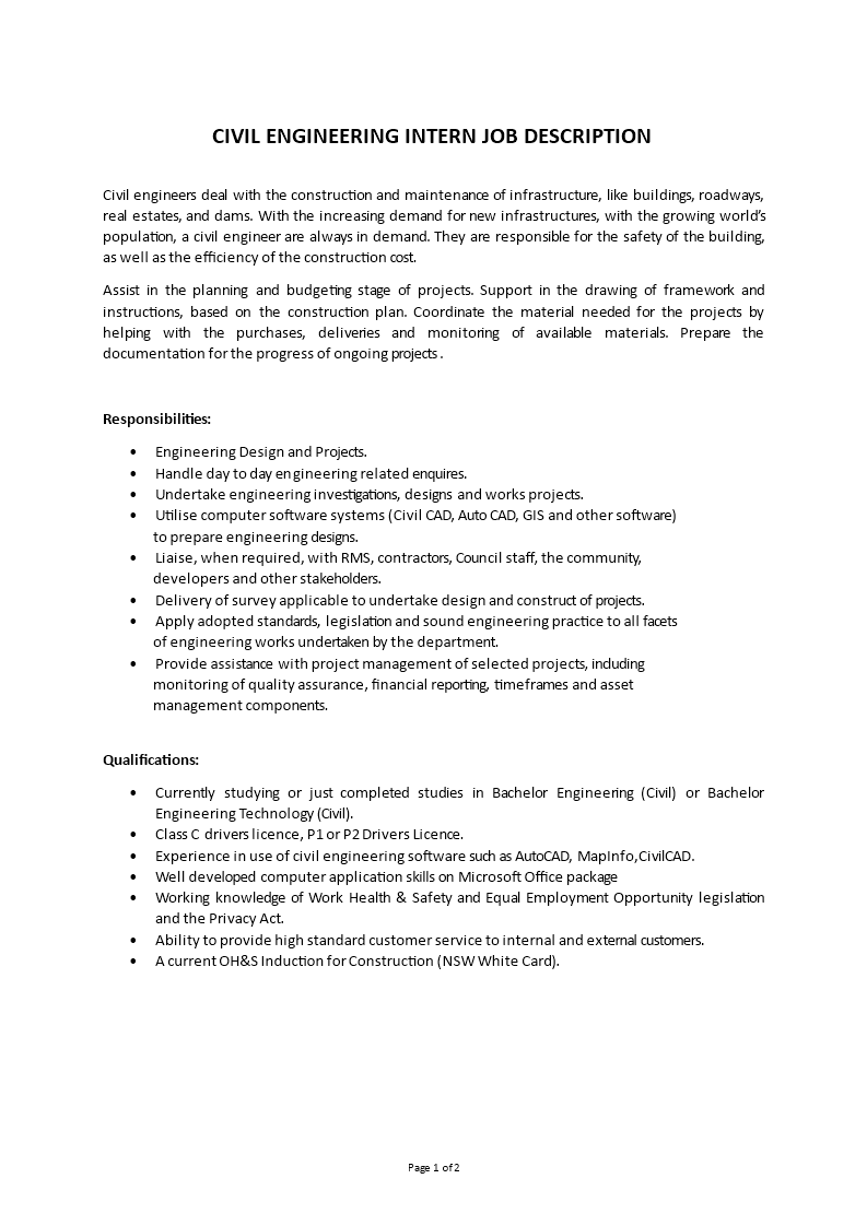 civil engineer intern description