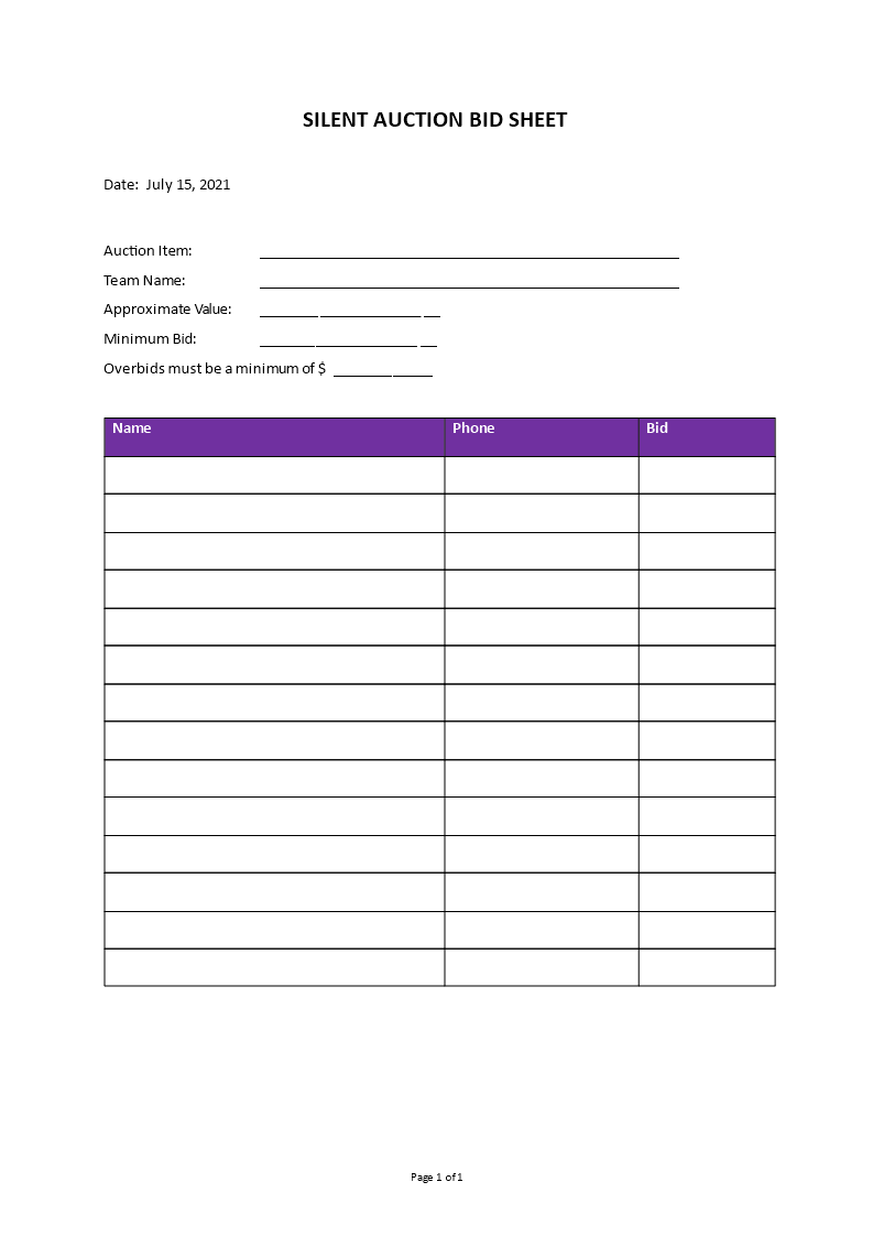silent auction bid sheet Main Image silent auction bid sheet
