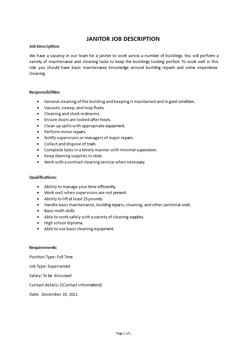 janitor job description Main Image janitor job description