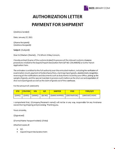 Letter of Authority for Customs Clearance