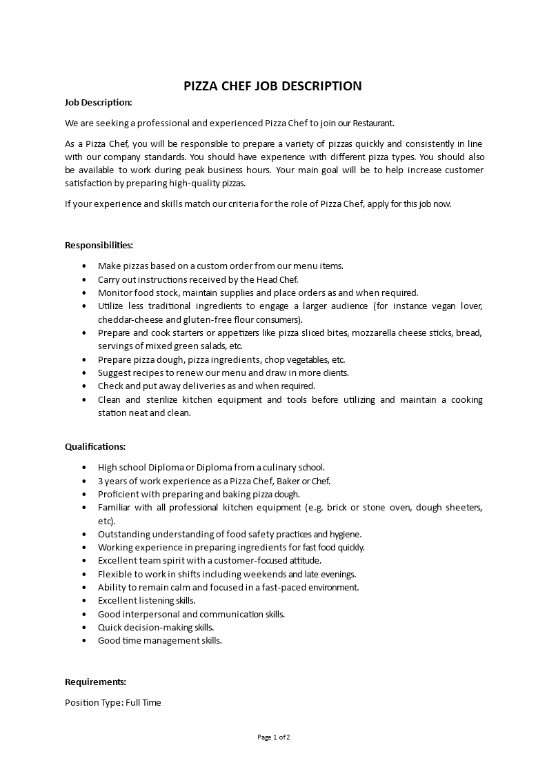pizza chef job description Main Image pizza chef job description template
