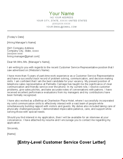 Customer Service Representative Position Cover Letter