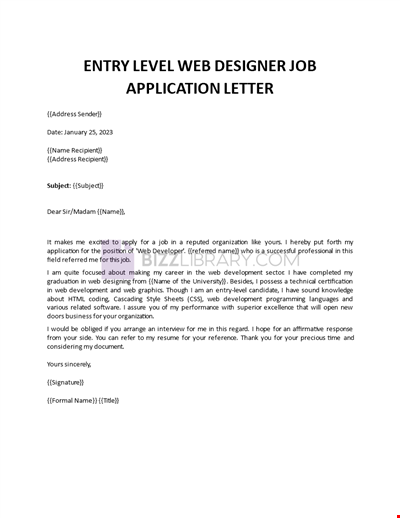 Entry Level Web Designer Application Letter
