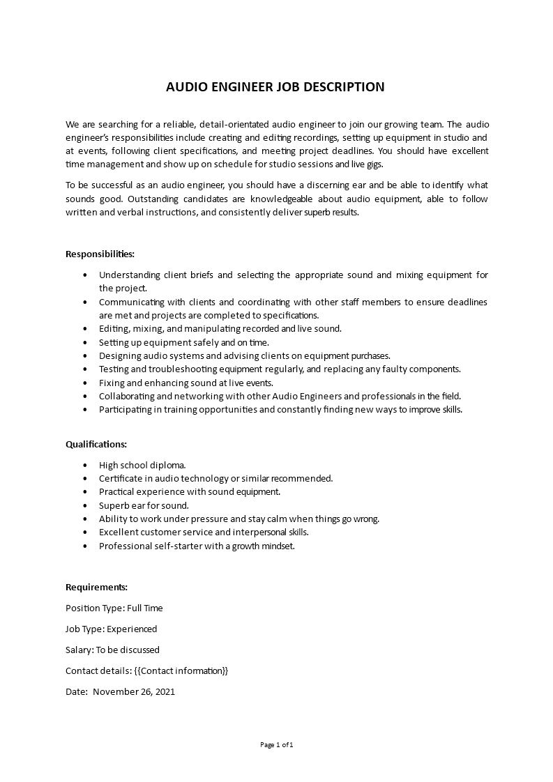 audio engineer job description Main Image audio engineer job description