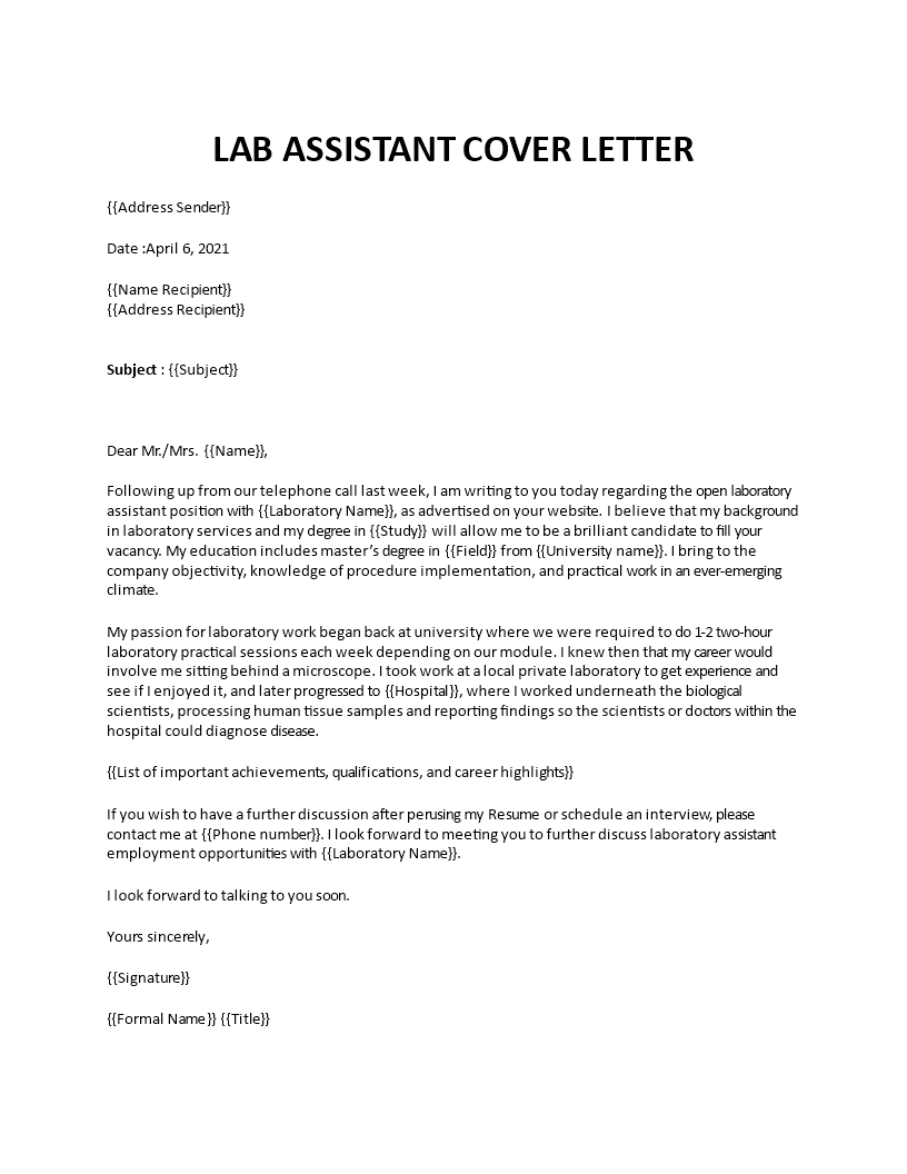 cover letter for biology lab assistant