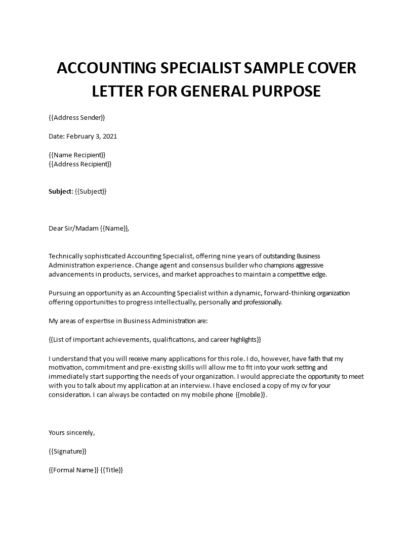 accounting specialist sample cover letter