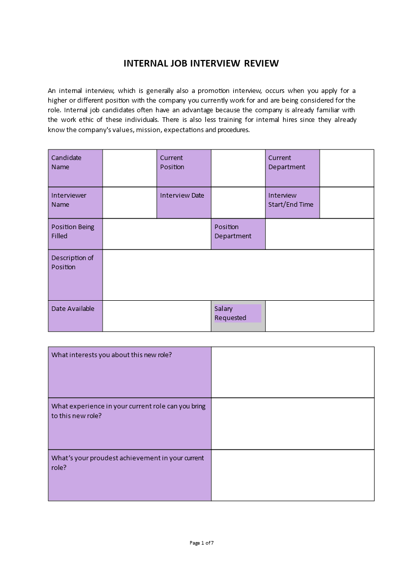 internal job interview questions template