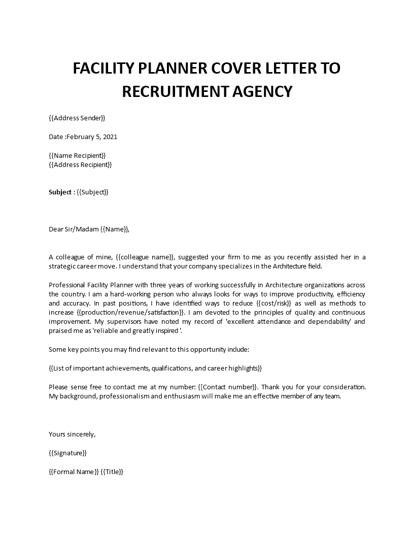 facility planner cover letter