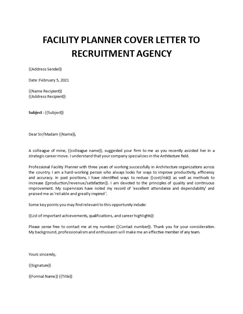 facility planner cover letter Main Image facility planner cover letter