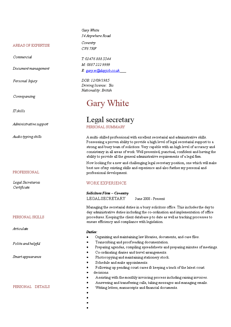 Legal Secretary Resume