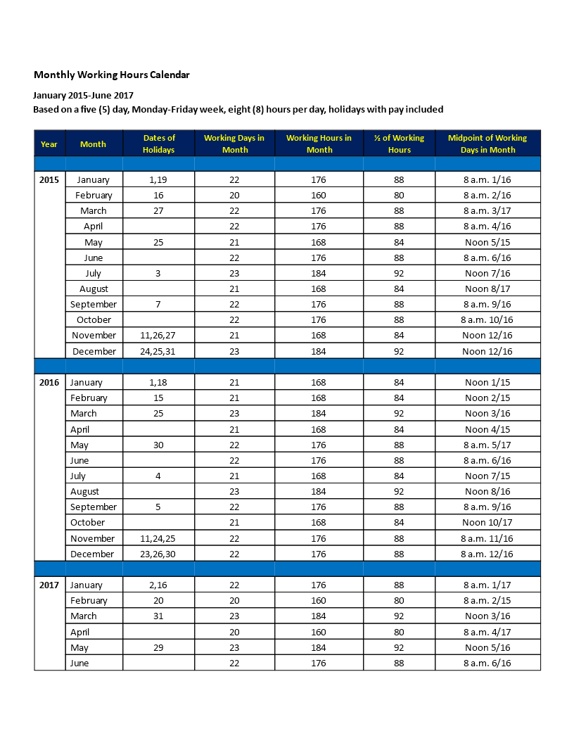 Monthly Working Hours Calendar Template