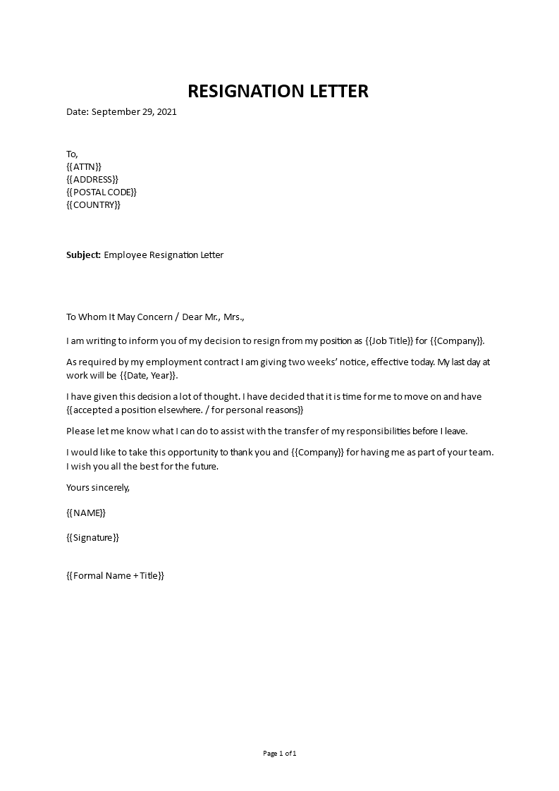 Resignation Letter For Personal Reasons