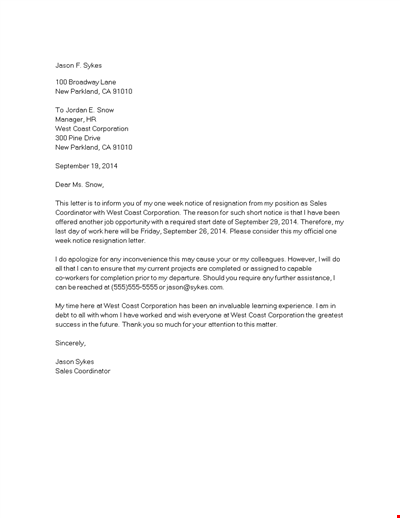 Standard Notice Resignation Letter