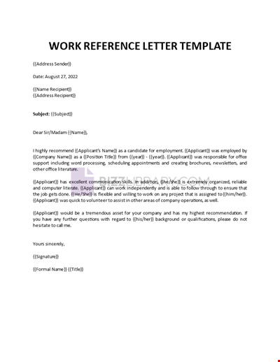 Work Reference Letter Template