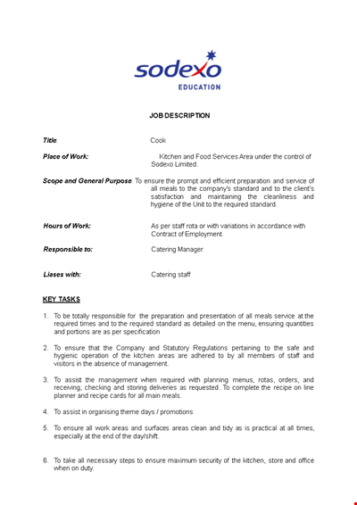 Download Cook Job Description Template - Ensure Responsible Staff Required in the Kitchen