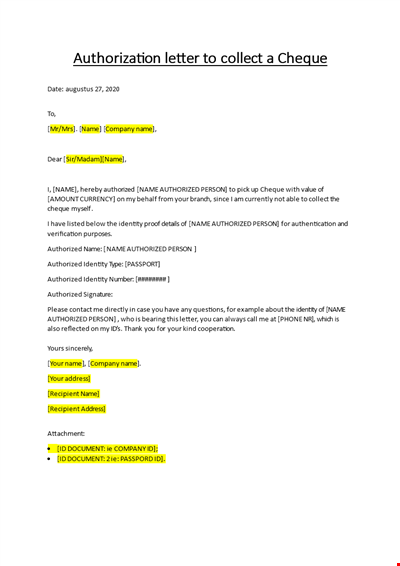 Authorization letter cheque collection