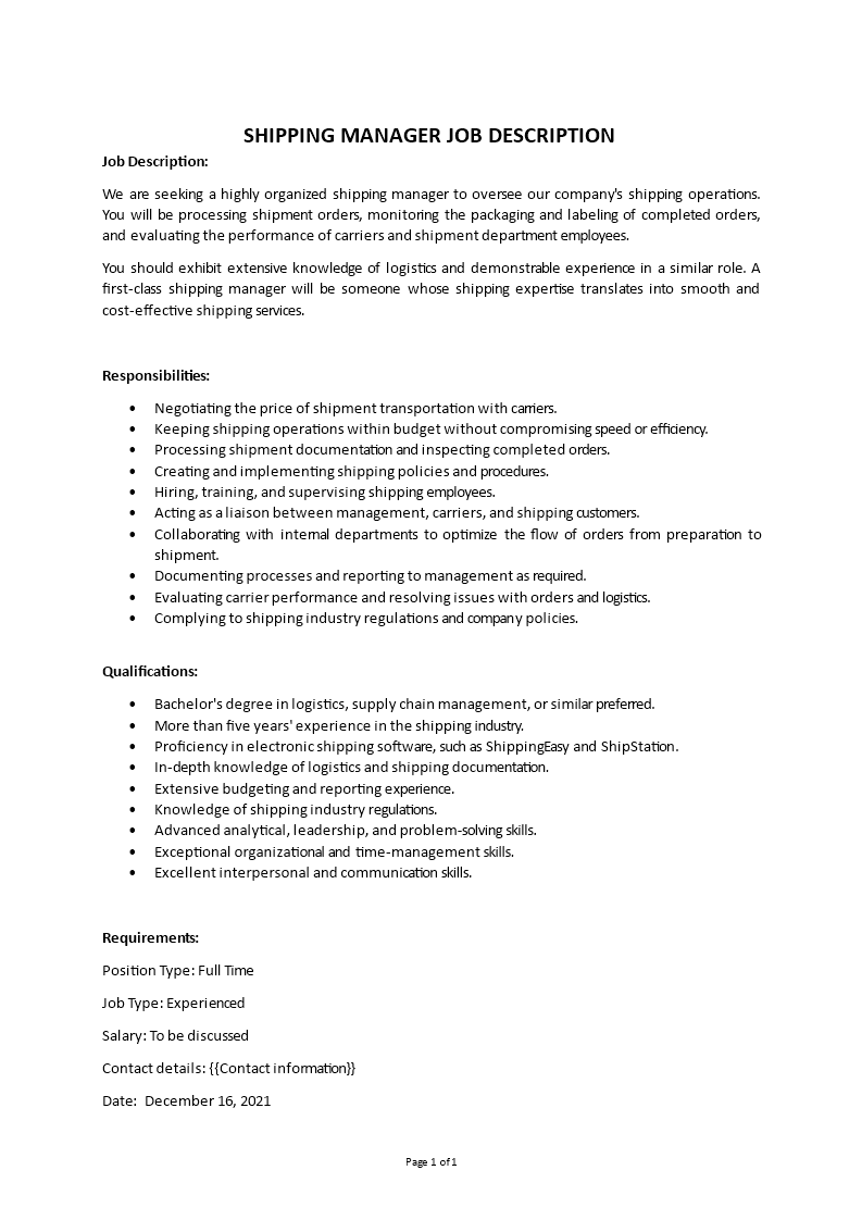 shipping manager job description Main Image shipping manager job description