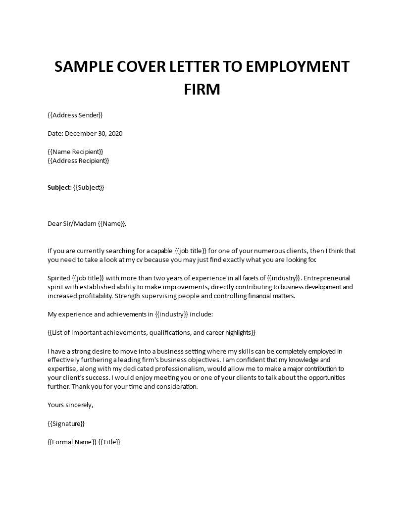 sample cover letter to employment firm