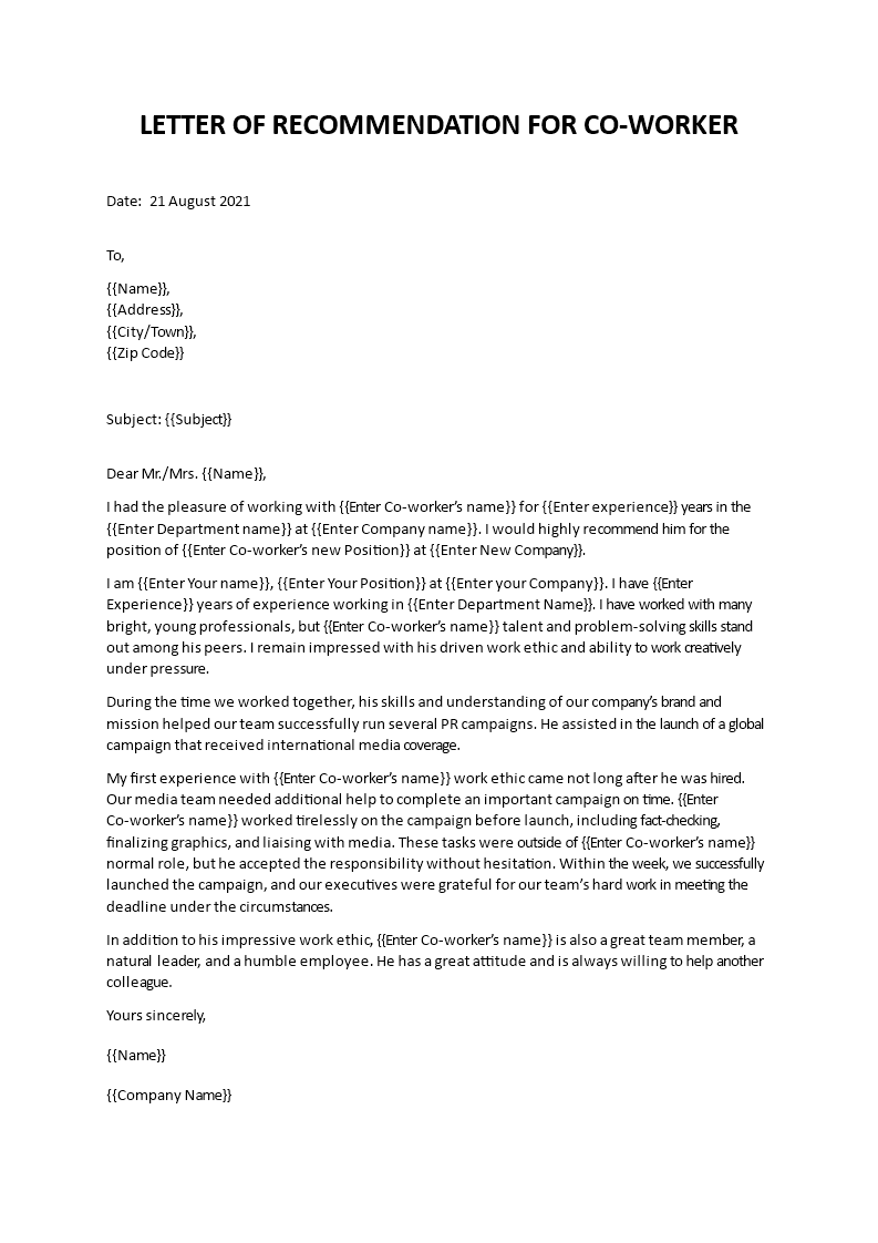 letter of recommendation coworker template