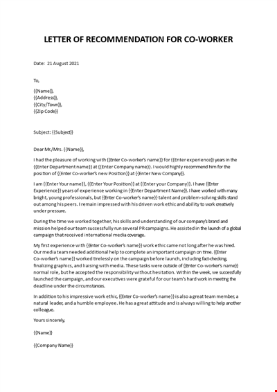 Letter of Recommendation Coworker