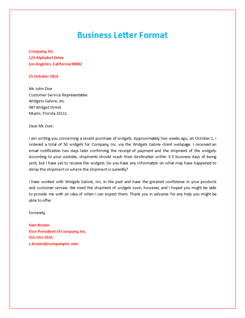 Formal business letter for widgets galore shipment