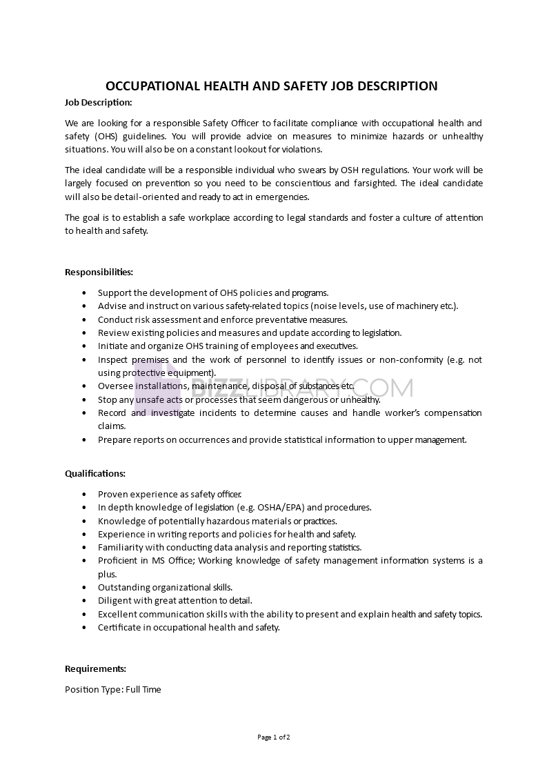 occupational health and safety specialist job description template