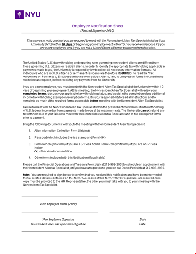 Sample Employee Sheet for Specialists: Required for Alien & Nonresident Individuals