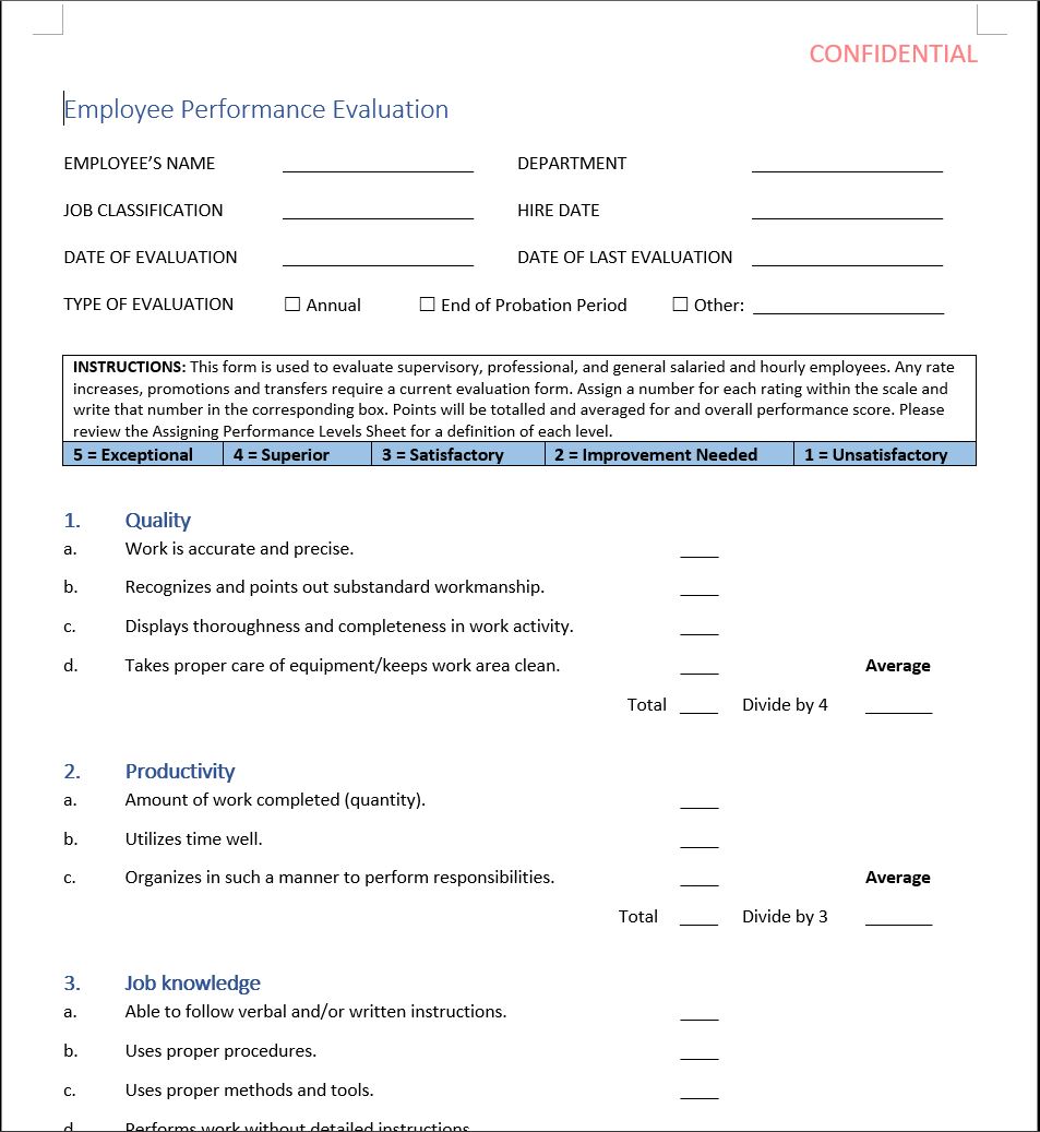 employee review form printable