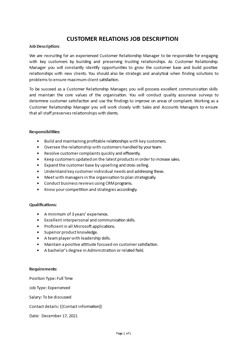 customer relations job description