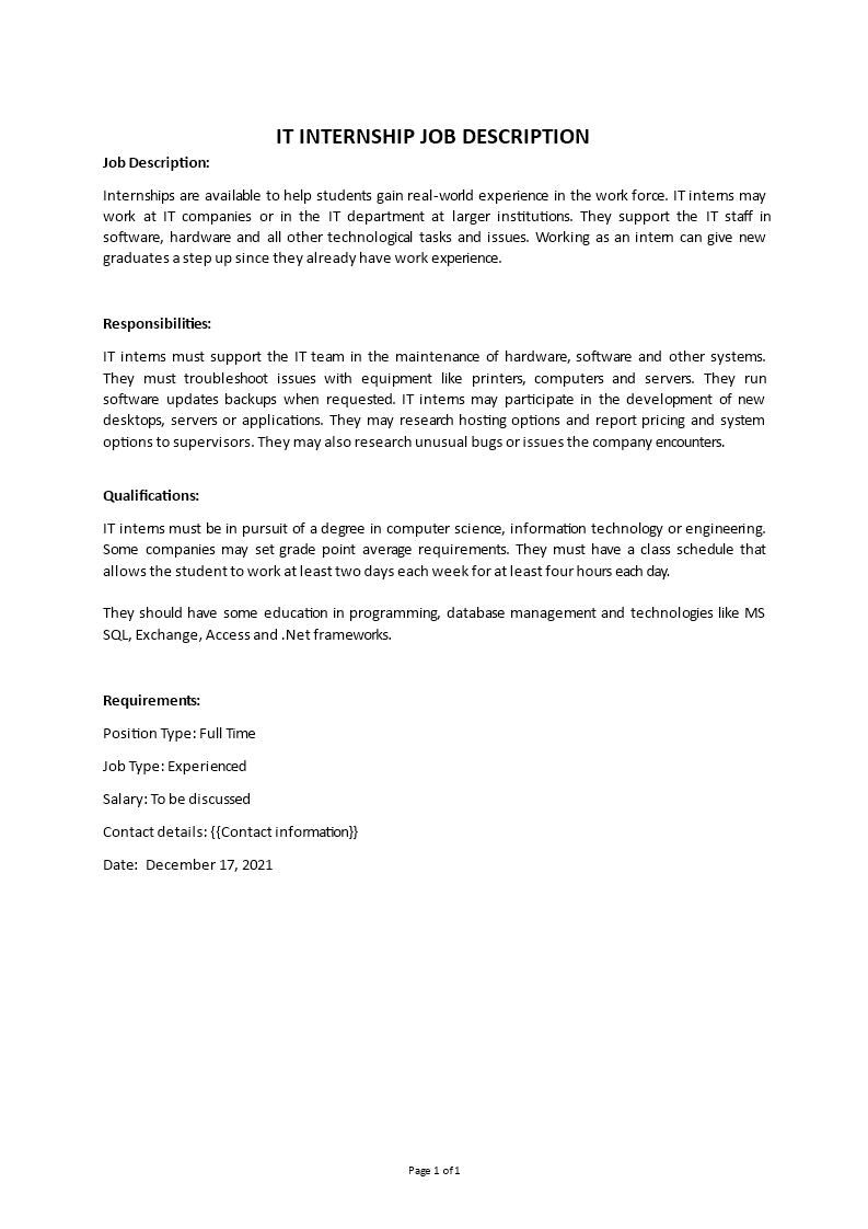 it internship job description