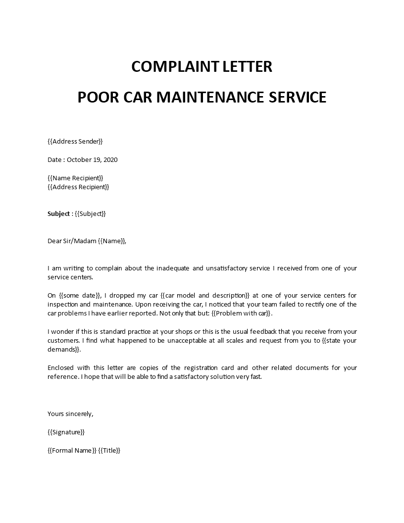 bad car service complaint letter
