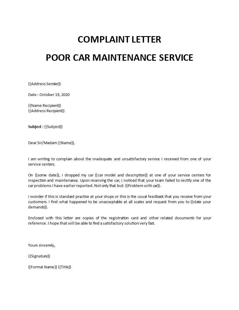 Bad car service complaint letter