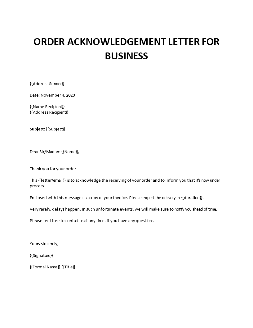 order acknowledgement letter for business