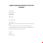 Order acknowledgement letter for business example document template