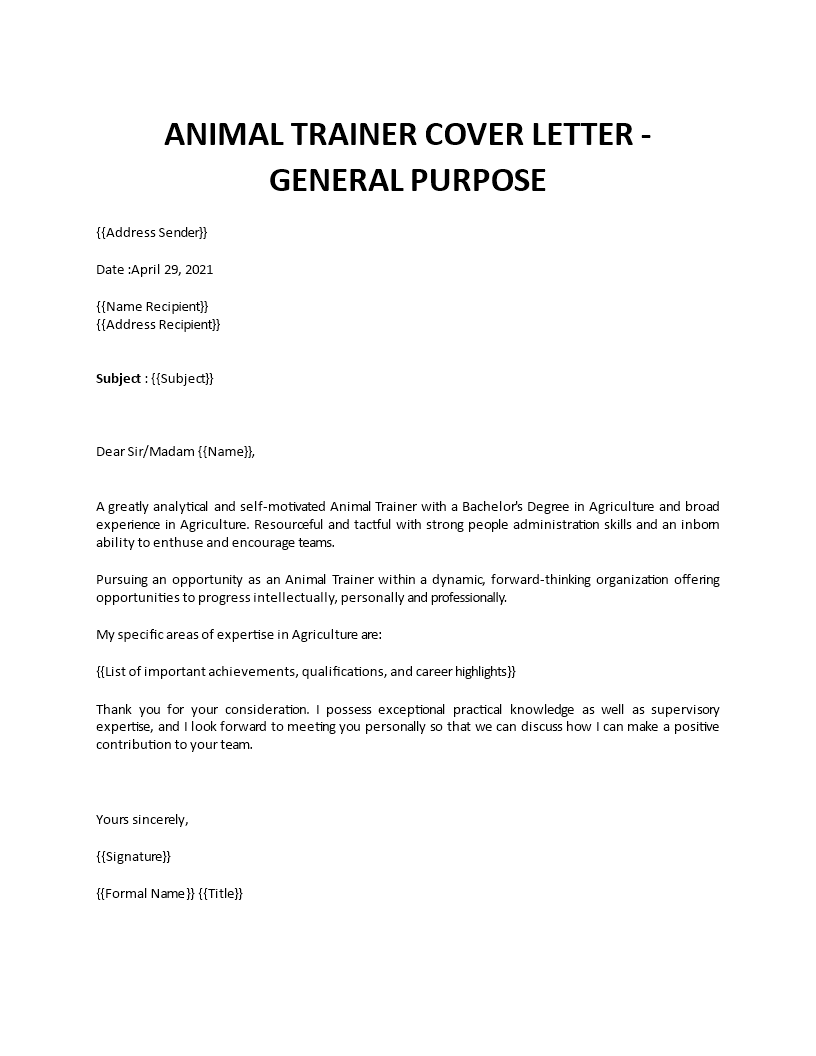 animal trainer cover letter